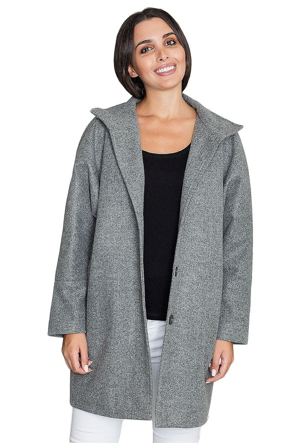 Woman wearing Norivelle kimono-style lined coat with stand-up collar and button fastening, showcasing elegant and relaxed silhouette.