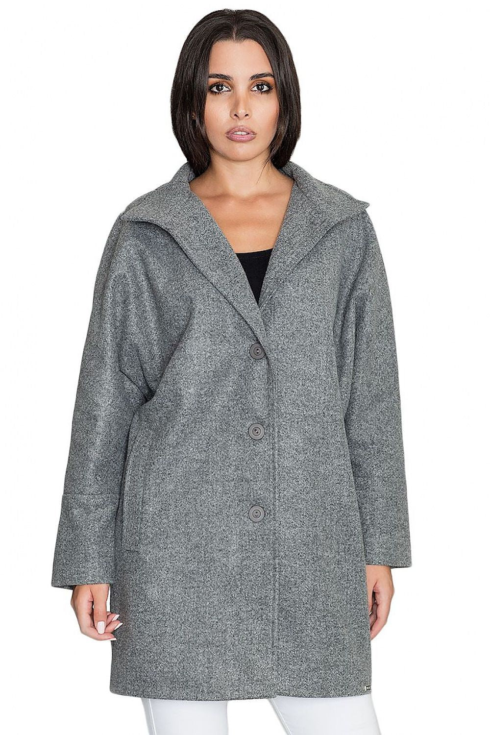 Woman wearing gray Norivelle Kimono-Style Lined Coat with stand-up collar and button fastening.