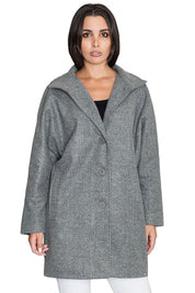 Woman wearing gray Norivelle Kimono-Style Lined Coat with stand-up collar and button fastening.