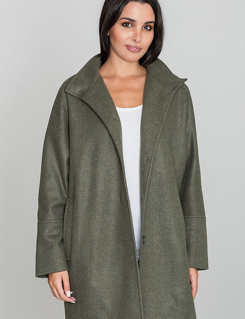 Woman wearing Norivelle Kimono-Style Lined Coat with stand-up collar, showcasing elegant design and relaxed silhouette.