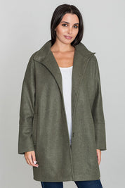 Woman wearing Norivelle Kimono-Style Lined Coat with stand-up collar, showcasing elegant design and relaxed silhouette.