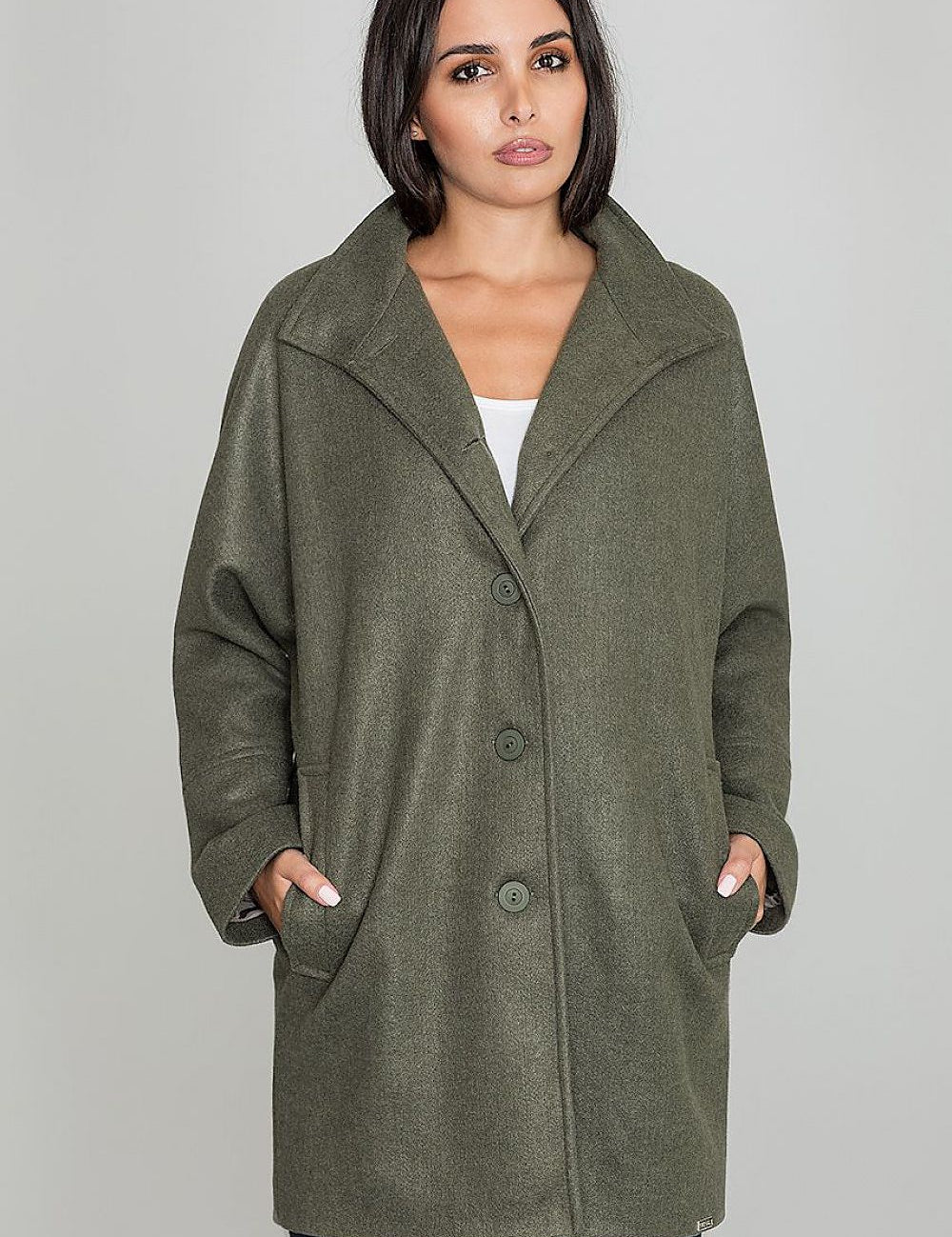 Woman wearing Norivelle Kimono-Style Lined Coat with loose fit, stand-up collar, button fastening, in a relaxed silhouette.