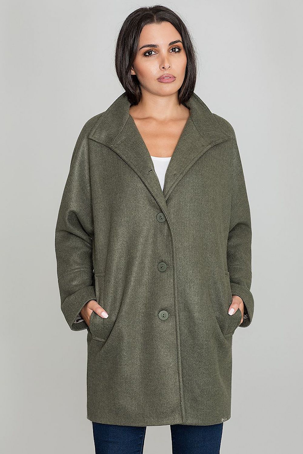 Woman wearing Norivelle Kimono-Style Lined Coat with loose fit, stand-up collar, button fastening, in a relaxed silhouette.