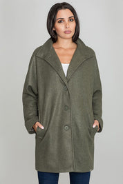 Woman wearing Norivelle Kimono-Style Lined Coat with loose fit, stand-up collar, button fastening, in a relaxed silhouette.