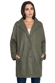 Norivelle Kimono-Style Lined Coat with stand-up collar, loose fit, and button fastening, showcasing elegant design and practical pockets.
