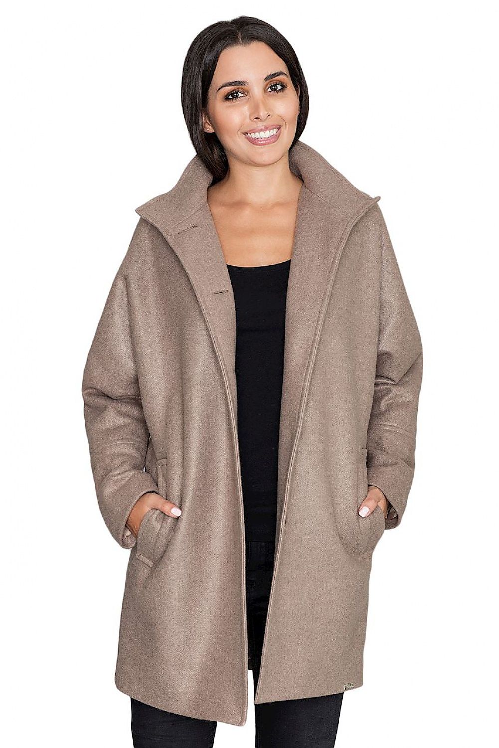 Woman wearing Norivelle Kimono-Style Lined Coat with stand-up collar and pockets, showcasing elegant and relaxed silhouette.