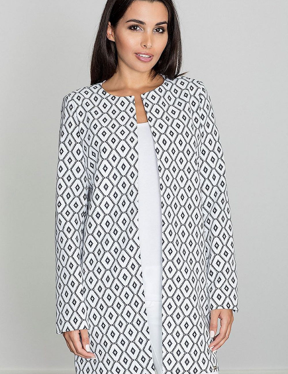 Woman wearing Alverine Viscose-Blend Lightweight Coat with geometric pattern, showcasing elegant, straight cut design.