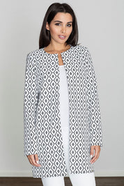 Woman wearing Alverine Viscose-Blend Lightweight Coat with geometric pattern, showcasing elegant, straight cut design.