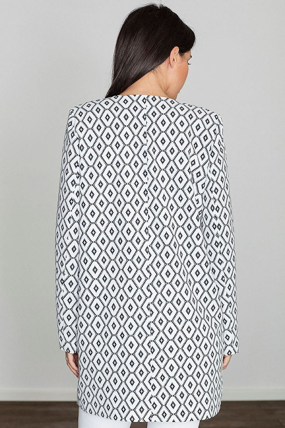 Back view of woman wearing Alverine Viscose-Blend Lightweight Coat with geometric pattern, showcasing elegant, flowing design.