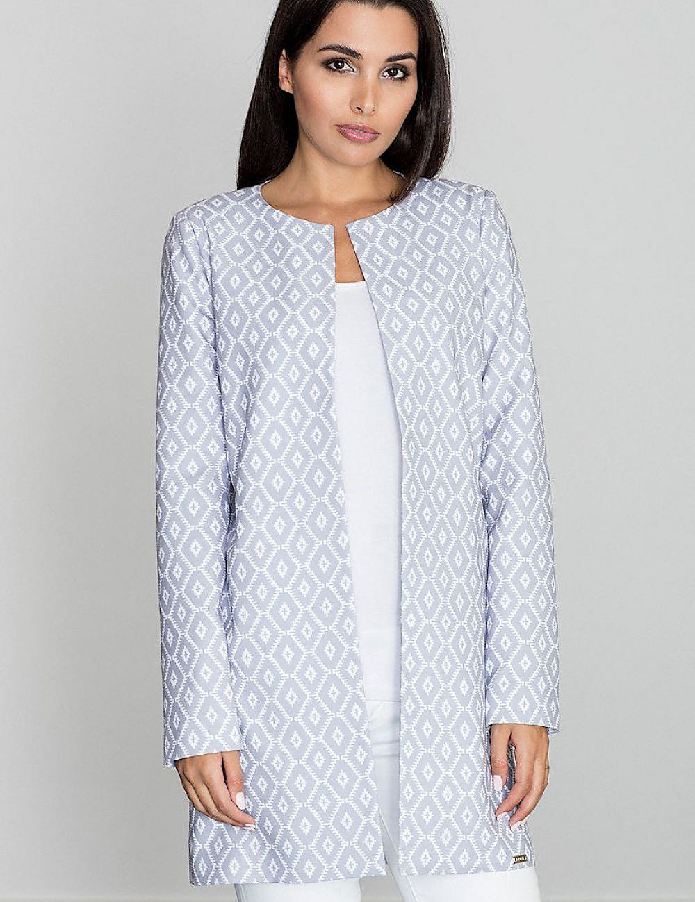 Model wearing Alverine Viscose-Blend Lightweight Coat in geometric pattern, showcasing elegant straight cut and soft drape.