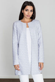 Model wearing Alverine Viscose-Blend Lightweight Coat in geometric pattern, showcasing elegant straight cut and soft drape.