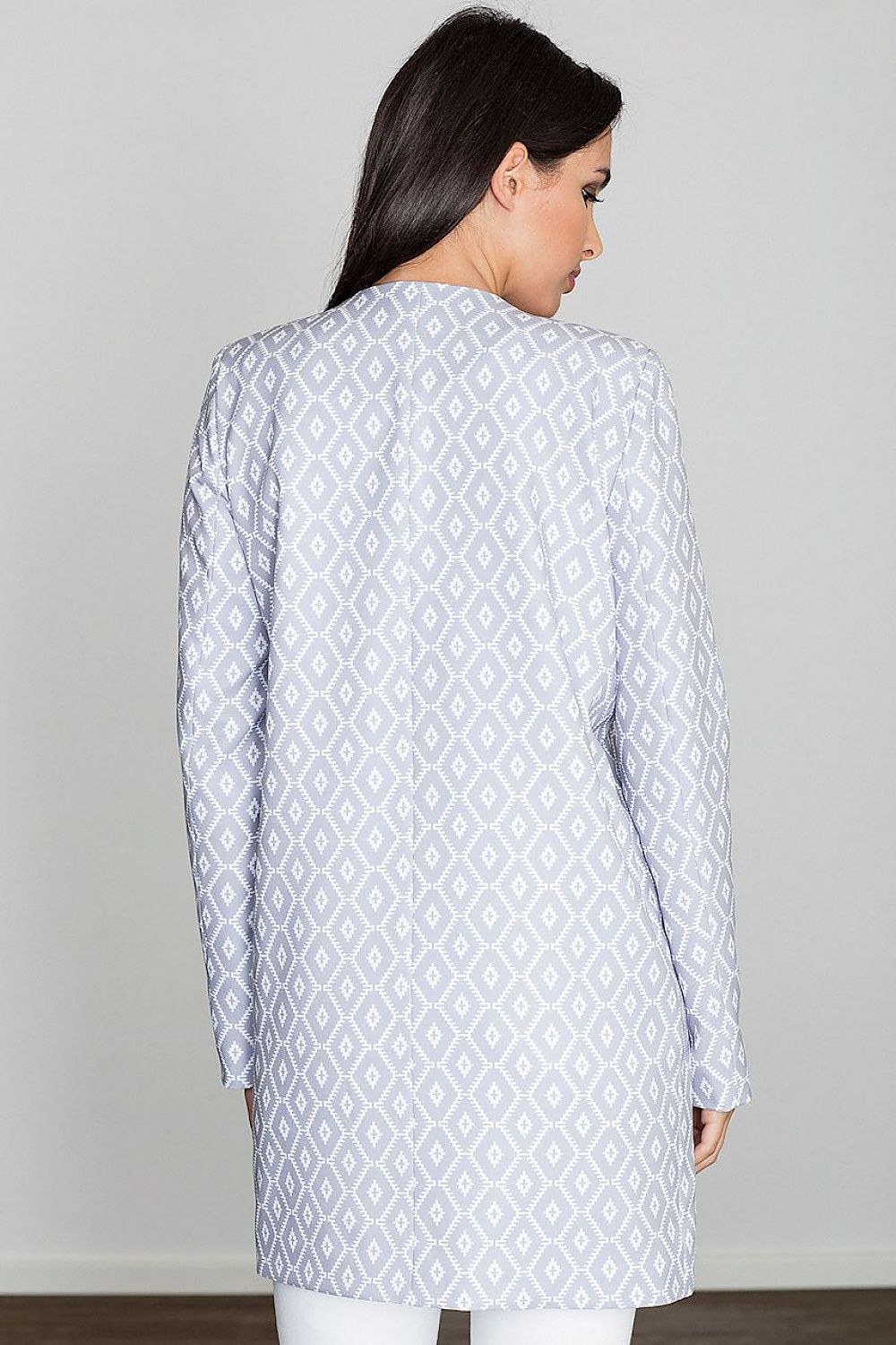 Back view of woman wearing Alverine viscose-blend lightweight coat with geometric pattern, showcasing elegant flow and minimalist design