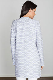Back view of woman wearing Alverine viscose-blend lightweight coat with geometric pattern, showcasing elegant flow and minimalist design
