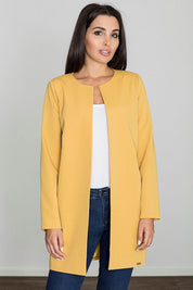 Woman wearing Alverine viscose-blend lightweight coat in yellow, showcasing a straight, minimalist design over casual jeans and top.