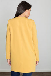 Back view of woman wearing Alverine lightweight viscose-blend coat in yellow, showcasing straight cut and minimalist design.