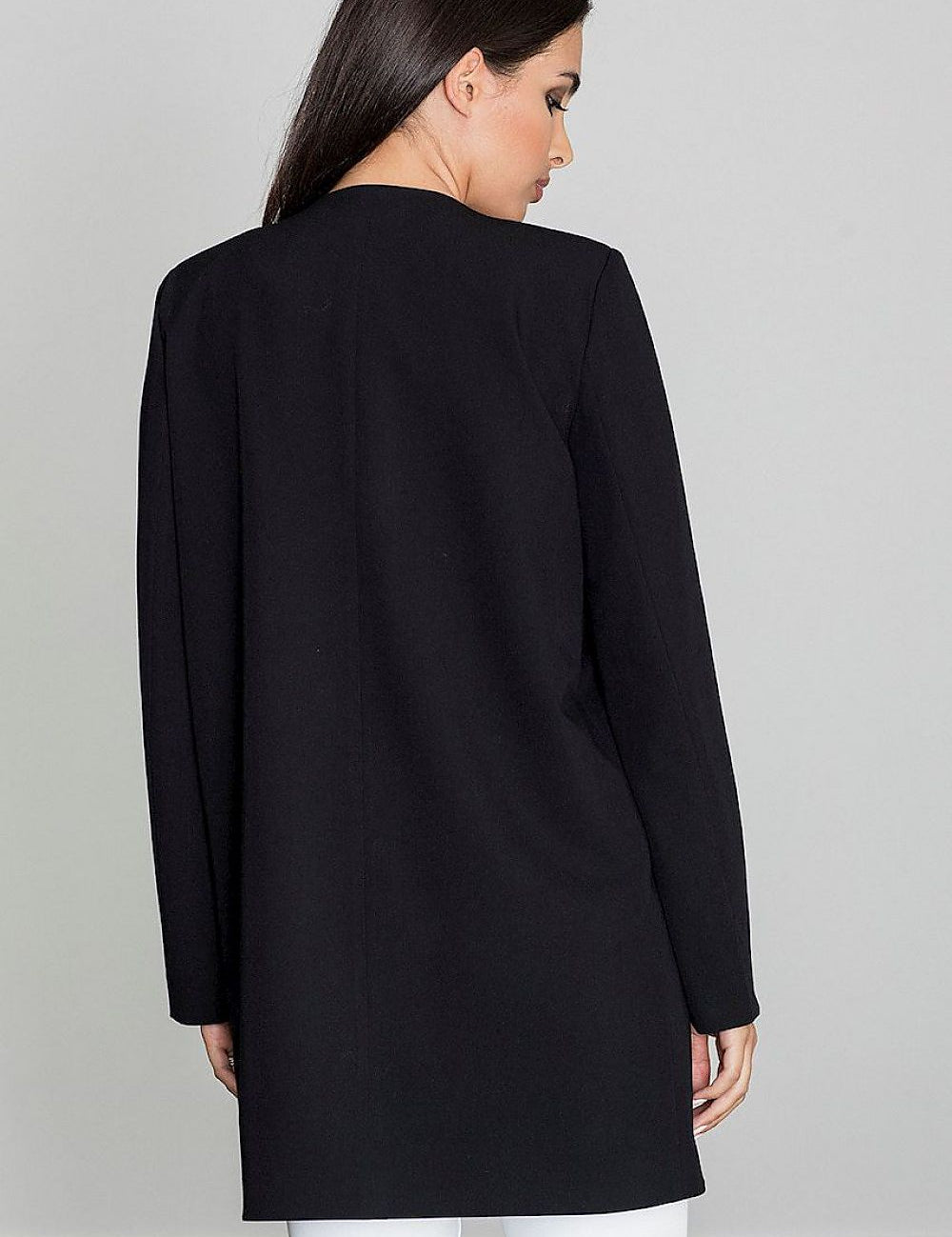 Back view of Alverine viscose-blend lightweight coat in black, showcasing its straight, elegant cut and minimalist design.