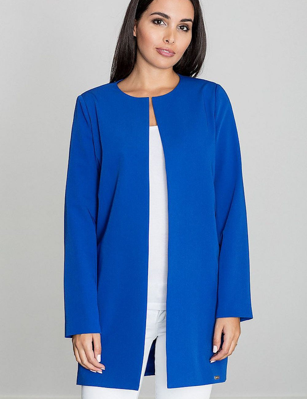 Woman wearing Alverine Viscose-Blend Lightweight Coat in blue, showcasing a straight, flowing cut with clean, minimalist design.
