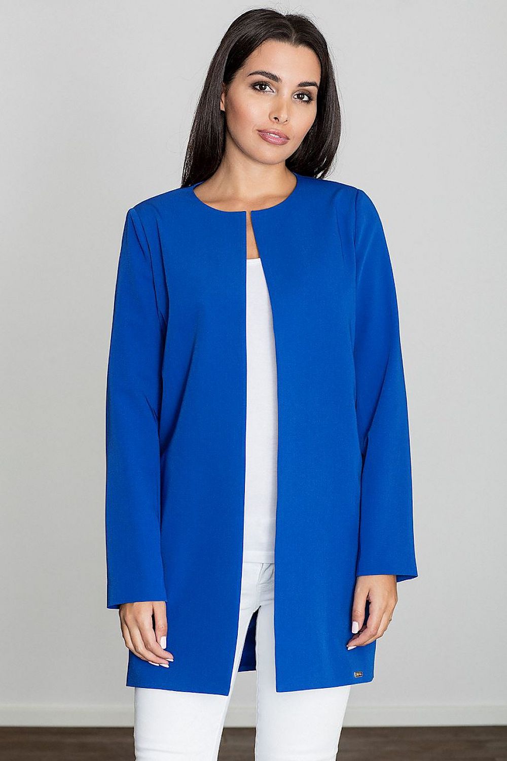 Woman wearing Alverine Viscose-Blend Lightweight Coat in blue, showcasing a straight, flowing cut with clean, minimalist design.