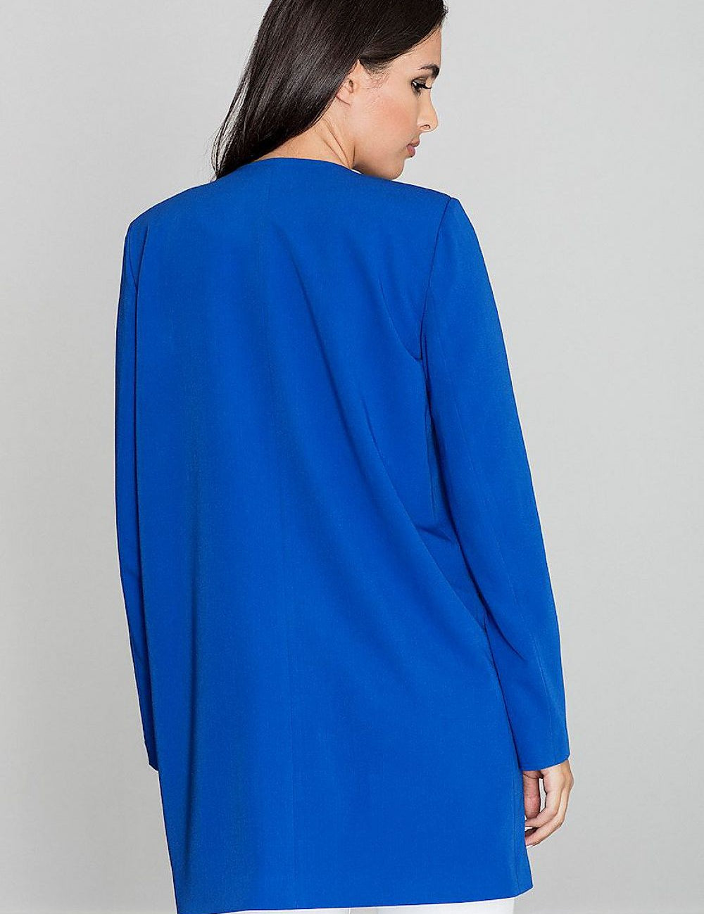 Woman wearing blue Alverine viscose-blend lightweight coat with straight cut and minimalist design, back view.