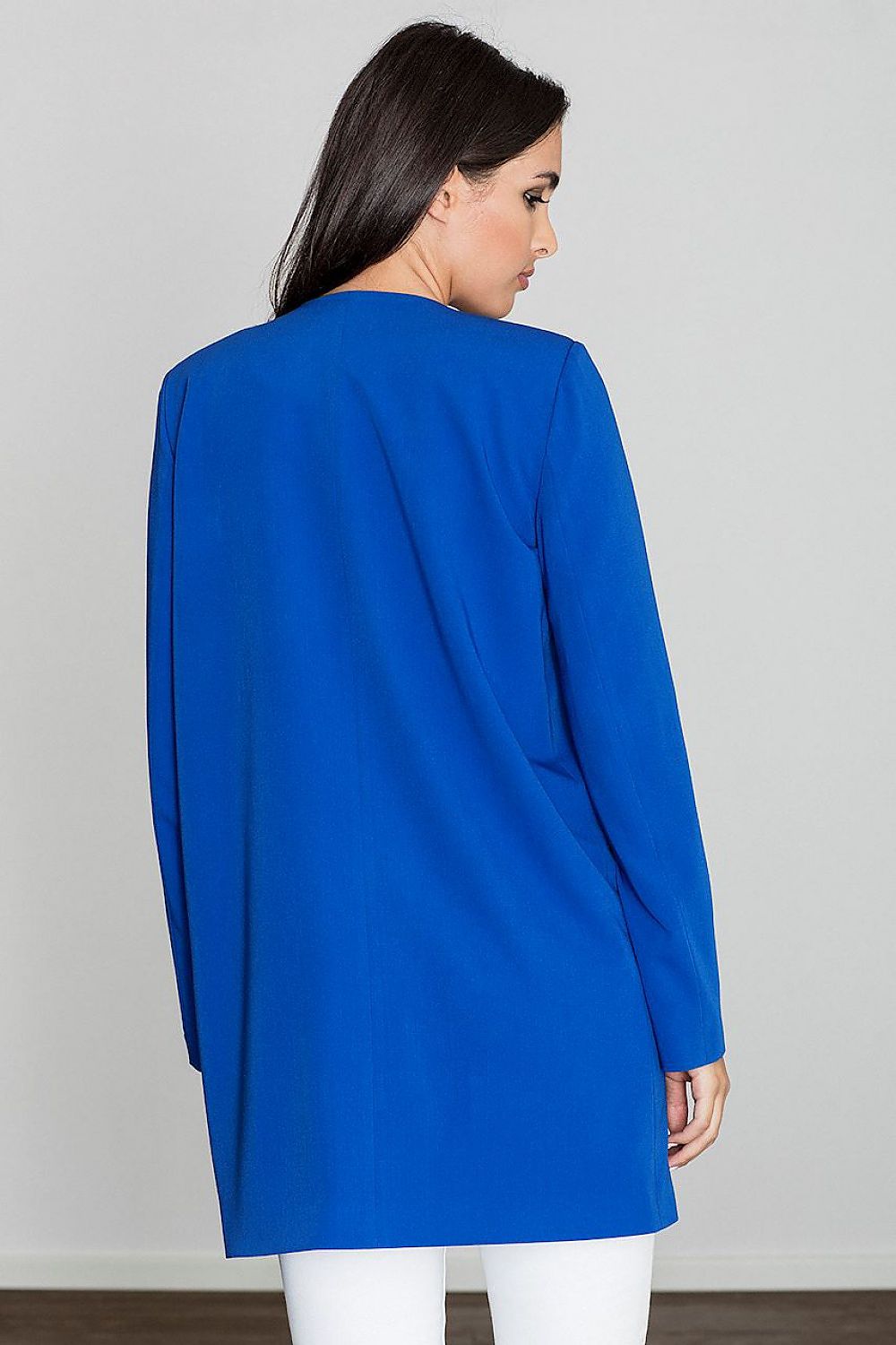 Woman wearing blue Alverine viscose-blend lightweight coat with straight cut and minimalist design, back view.