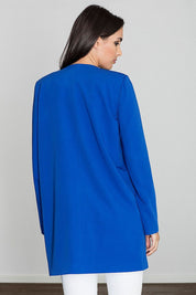 Woman wearing blue Alverine viscose-blend lightweight coat with straight cut and minimalist design, back view.