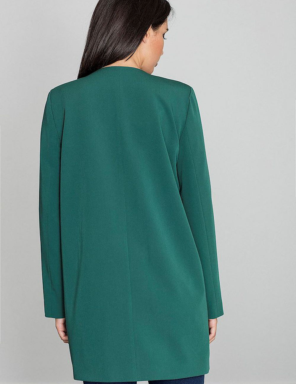 Back view of woman wearing Alverine Viscose-Blend Lightweight Coat, green, minimalist and elegant, tailored for versatile styling.