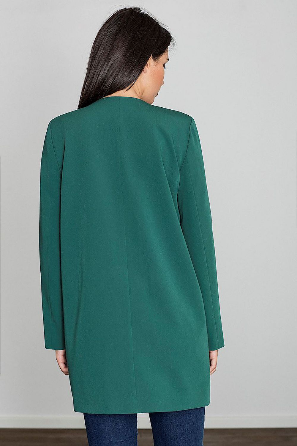 Back view of woman wearing Alverine Viscose-Blend Lightweight Coat, green, minimalist and elegant, tailored for versatile styling.