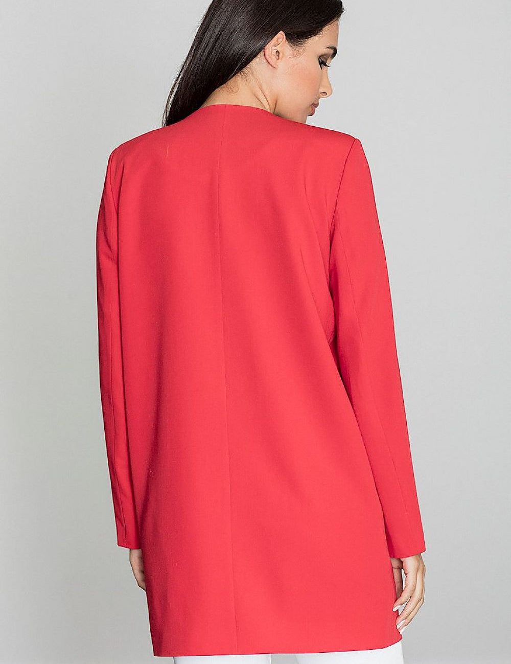Woman wearing Alverine viscose-blend lightweight coat in red with a straight, flowing cut ideal for casual and polished outfits.