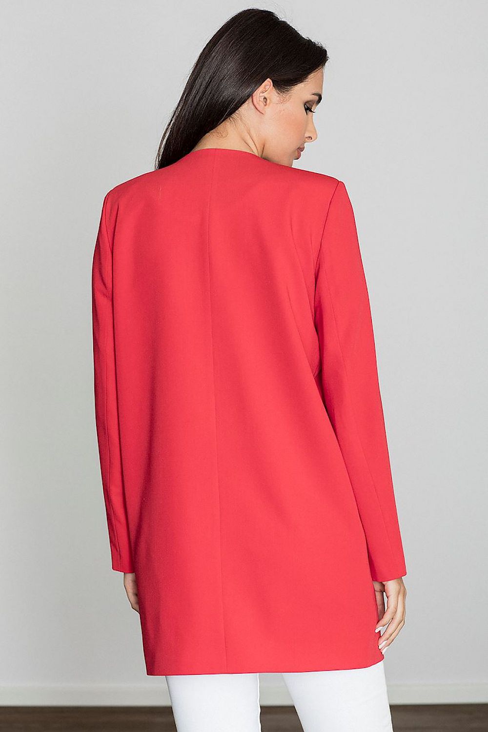 Woman wearing Alverine viscose-blend lightweight coat in red with a straight, flowing cut ideal for casual and polished outfits.