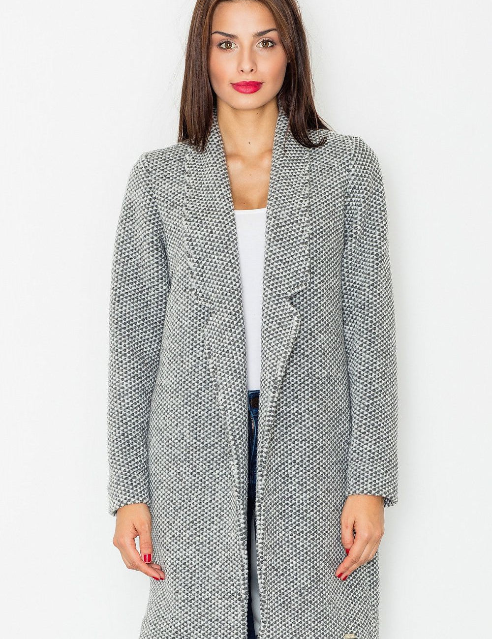 Woman wearing Trevalisse wool-blend knee-length coat with classic straight fit and timeless design, perfect for layering.