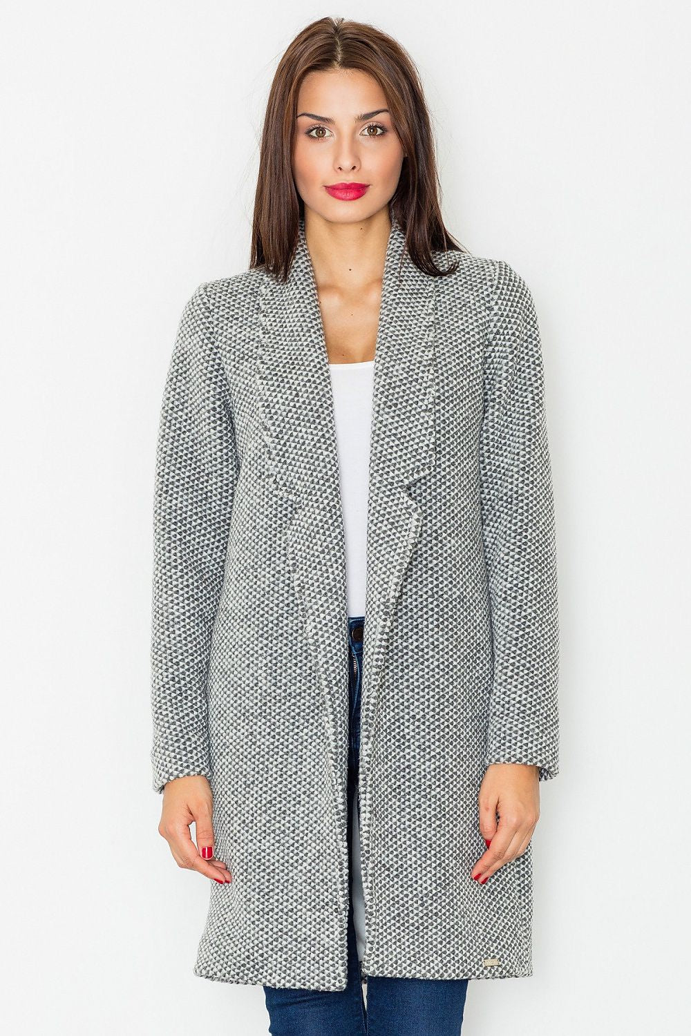 Woman wearing Trevalisse wool-blend knee-length coat with classic straight fit and timeless design, perfect for layering.