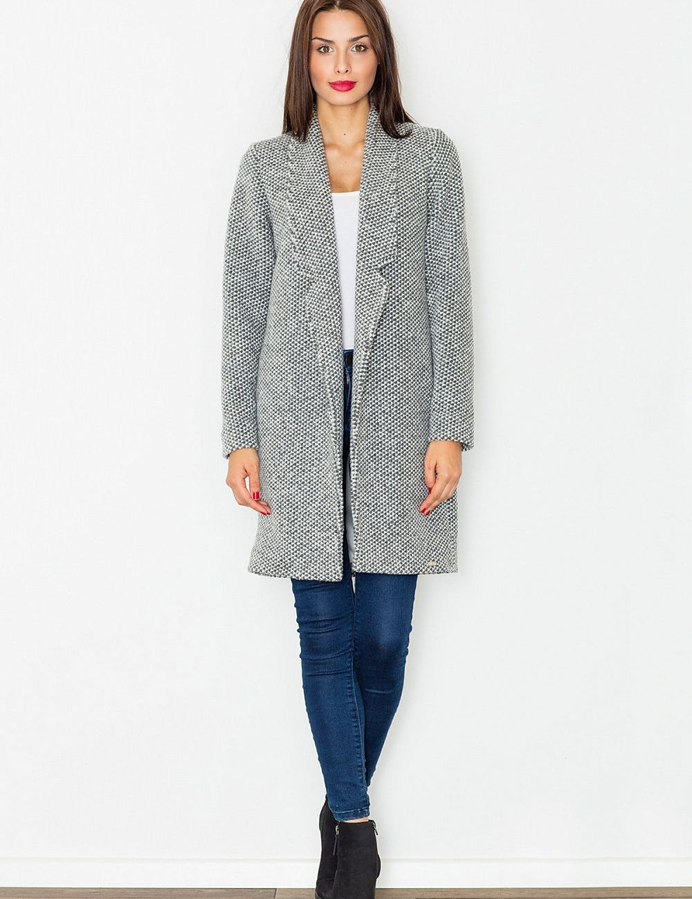 Woman wearing Trevalisse wool-blend knee-length coat in gray, showcasing elegant and versatile style.