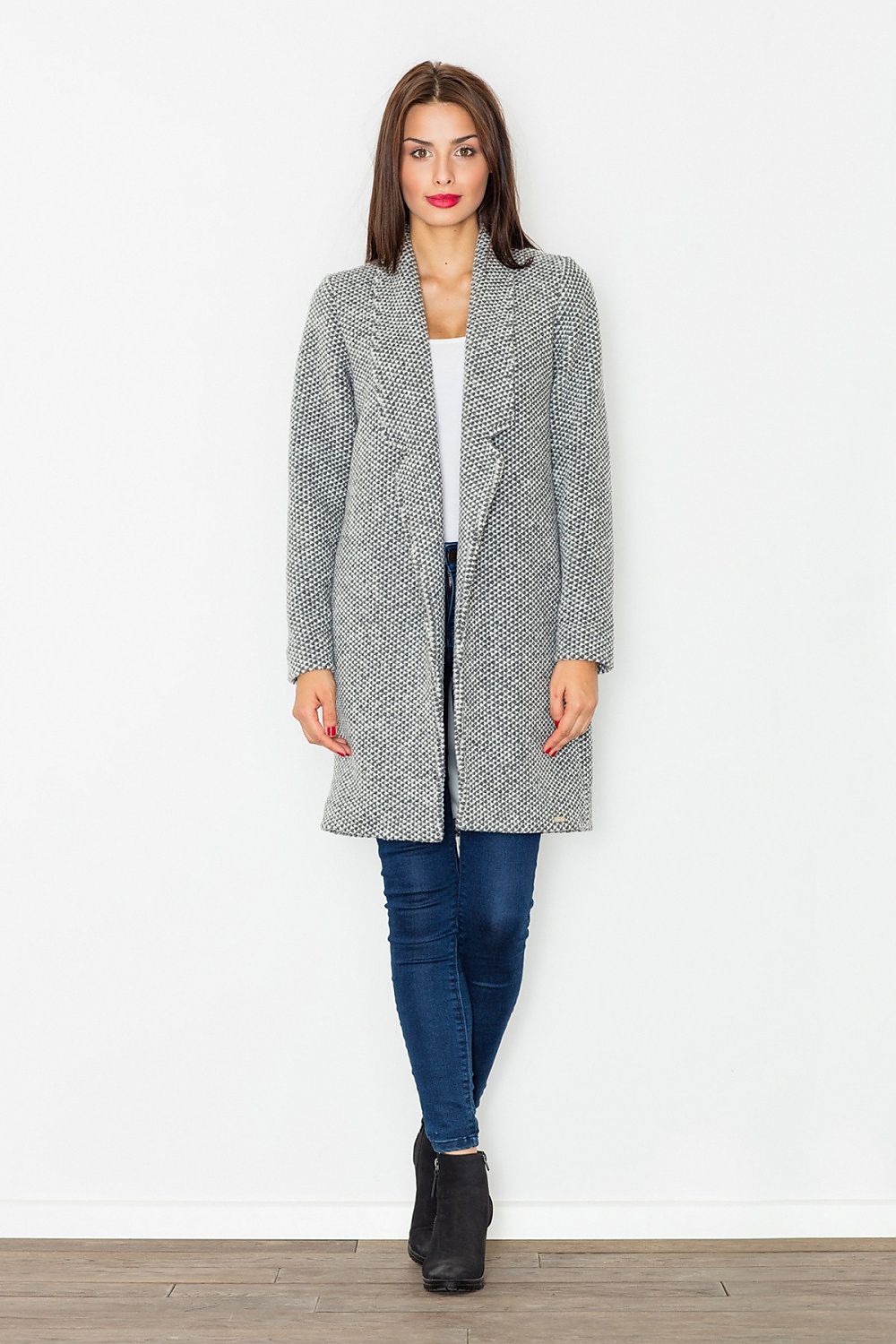 Woman wearing Trevalisse wool-blend knee-length coat in gray, showcasing elegant and versatile style.