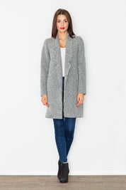 Woman wearing Trevalisse wool-blend knee-length coat in gray, showcasing elegant and versatile style.
