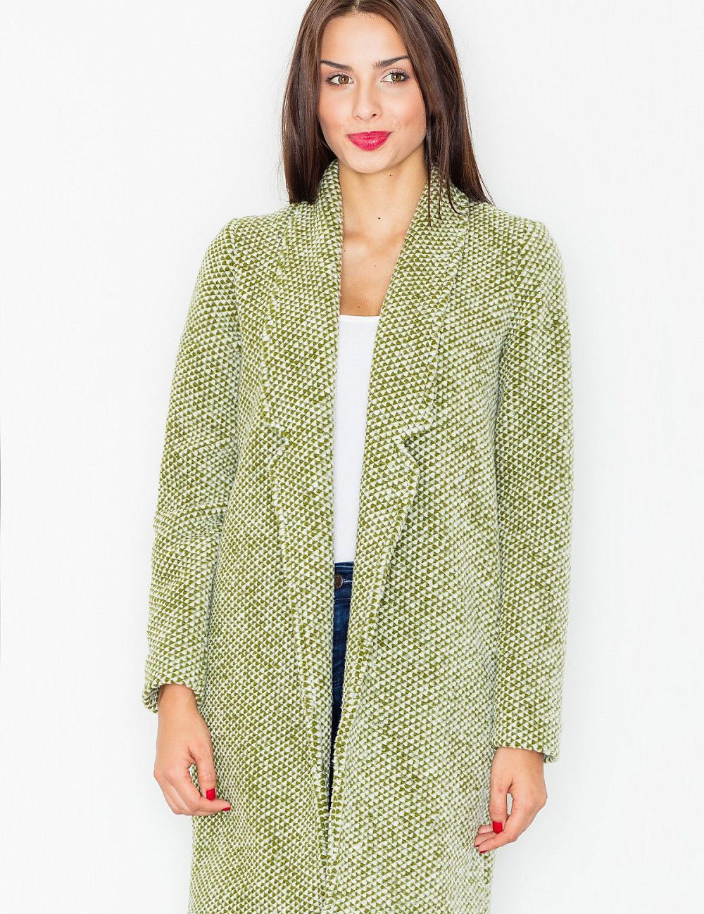 Woman wearing Trevalisse Wool-Blend Knee-Length Coat, green, classic cut, elegant, versatile layering for business or casual wear.