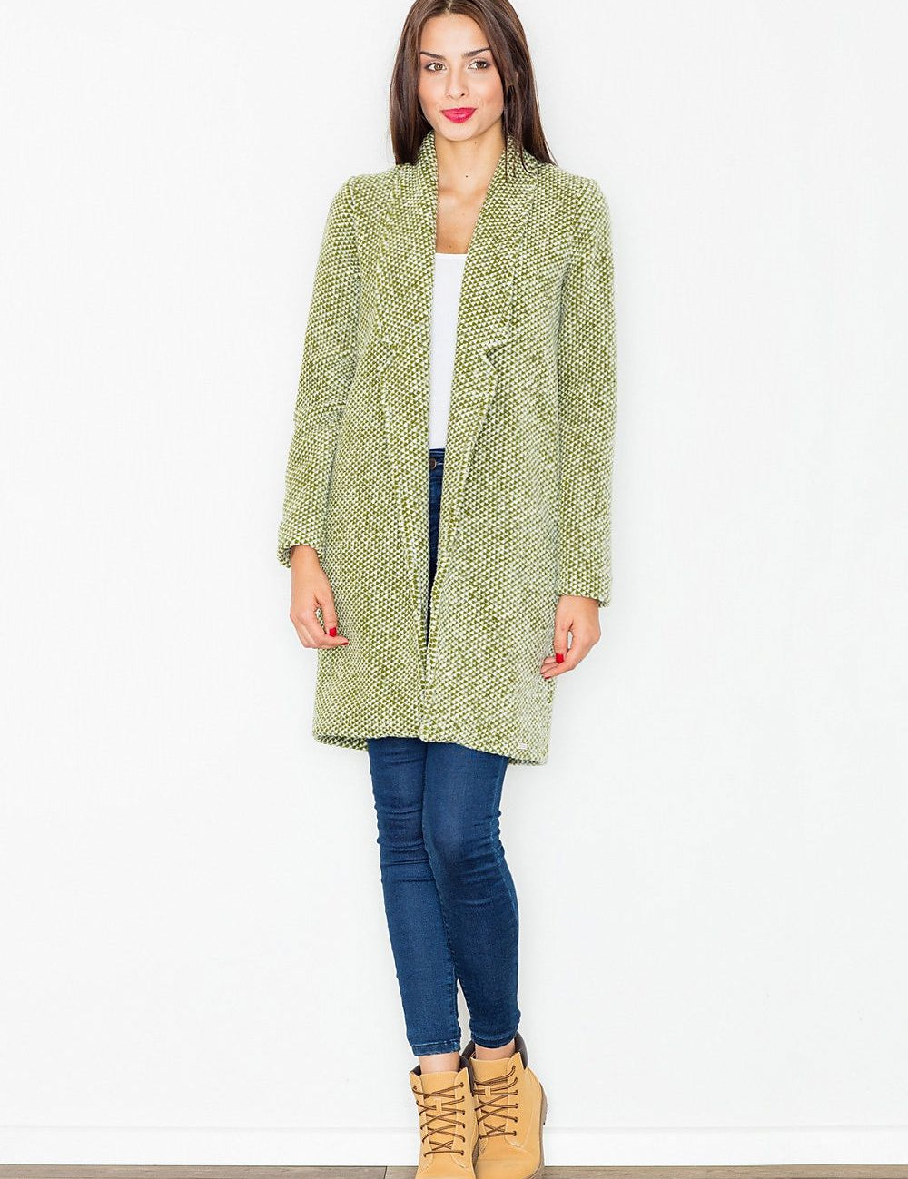 Woman wearing Trevalisse Wool-Blend Knee-Length Coat with a straight silhouette, paired with jeans and boots, showcasing elegance and versatility.