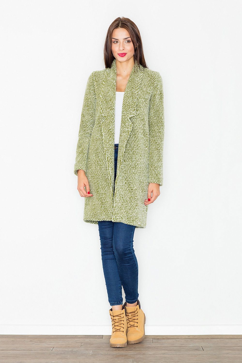 Woman wearing Trevalisse Wool-Blend Knee-Length Coat with a straight silhouette, paired with jeans and boots, showcasing elegance and versatility.