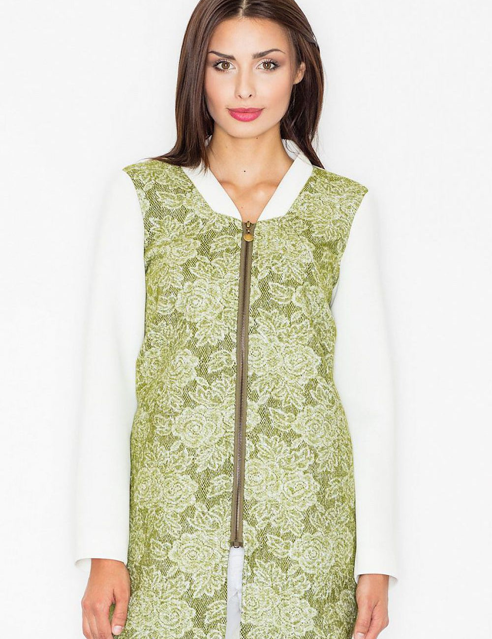 Woman wearing Urban Bloom Wool-Blend Coat with floral motif and stand-up collar, ideal for casual-sporty urban style.