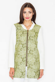 Woman wearing Urban Bloom Wool-Blend Coat with floral motif and stand-up collar, ideal for casual-sporty urban style.