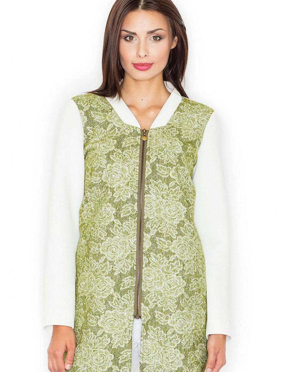 Woman wearing Urban Bloom Wool-Blend Coat with floral motif, stand-up collar, and full-length zipper; hip-length casual-sporty design.