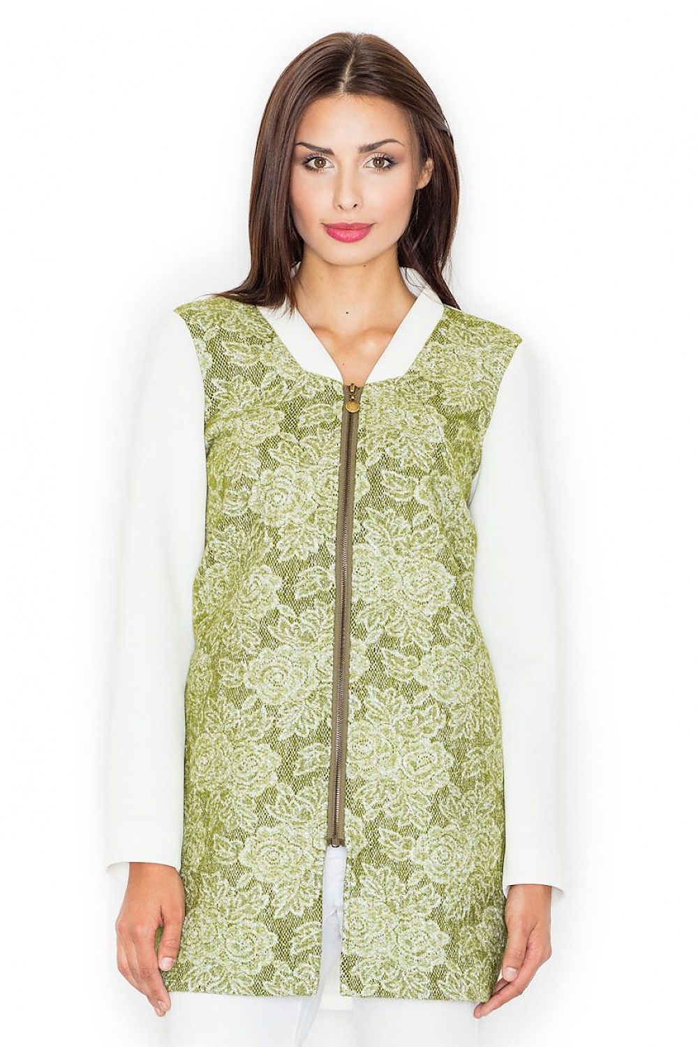 Woman wearing Urban Bloom Wool-Blend Coat with floral motif, stand-up collar, and full-length zipper; hip-length casual-sporty design.