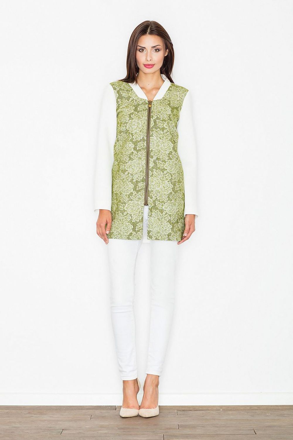 Woman wearing Urban Bloom Wool-Blend Coat with floral motif, stand-up collar, and full-length zipper, perfect for a casual-sporty urban look.