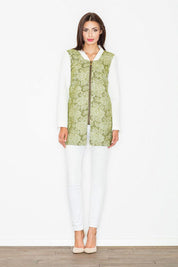 Woman wearing Urban Bloom Wool-Blend Coat with floral motif, stand-up collar, and full-length zipper, perfect for a casual-sporty urban look.