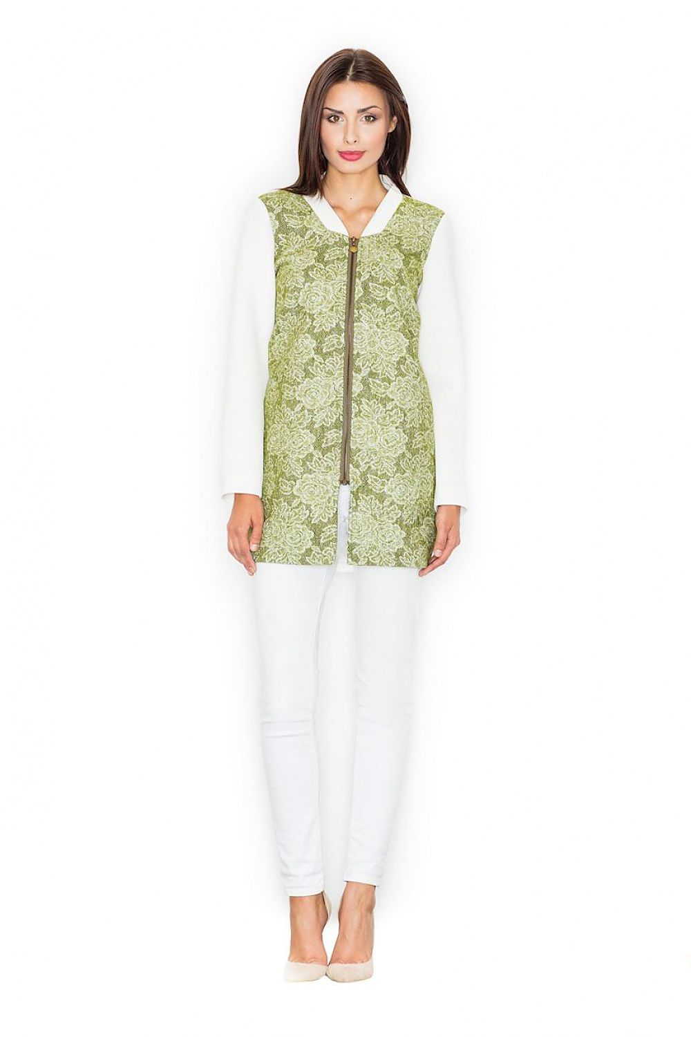 Woman wearing Urban Bloom Wool-Blend Coat with floral motif, standing front view, showcasing hip-length casual-sporty design.