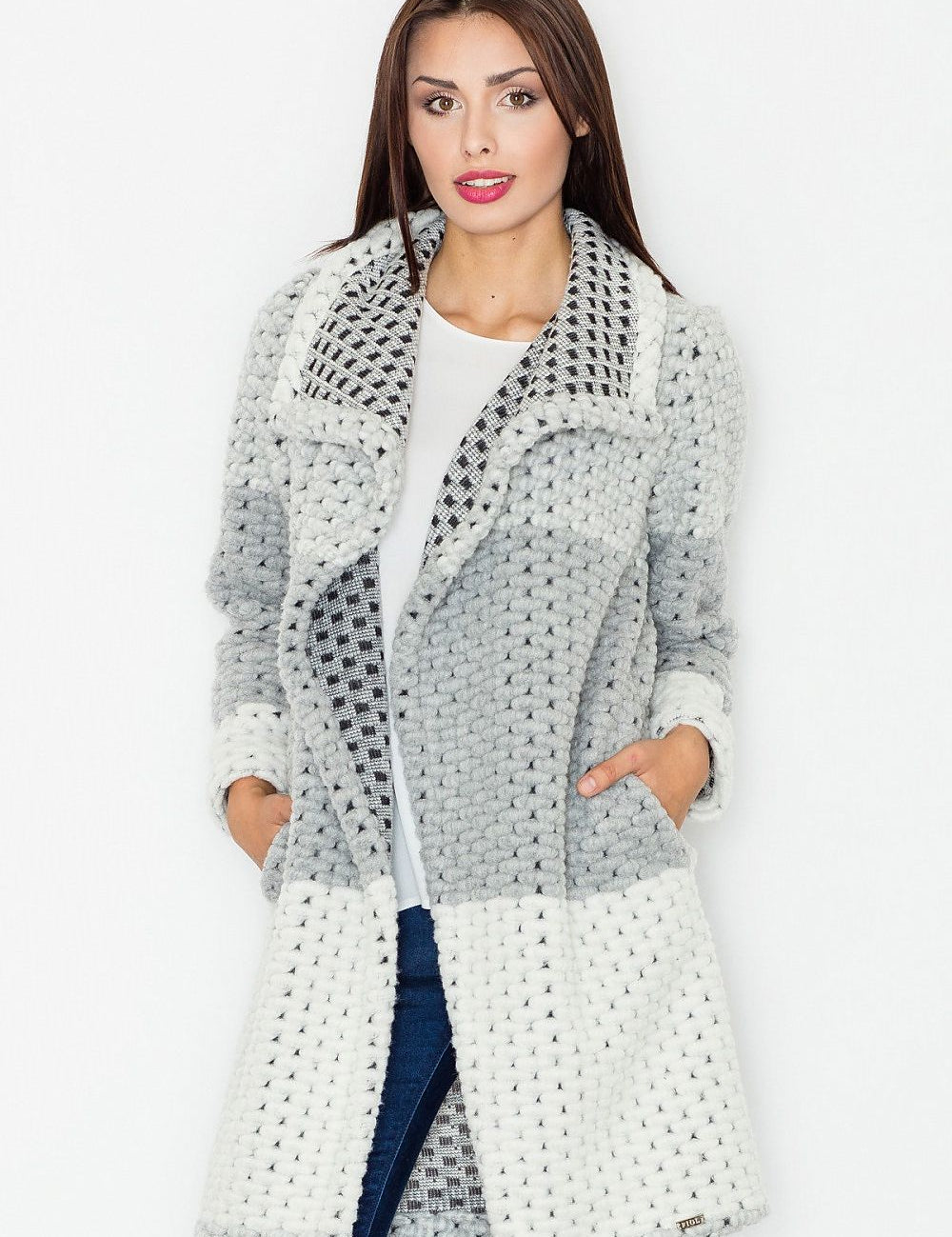Model wearing Fioren Color-Blend Wool Coat, showcasing thick weave, relaxed silhouette, and classic collar for autumn fashion.