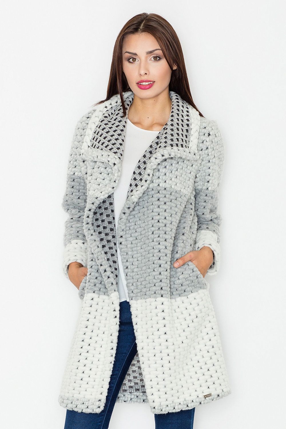 Model wearing Fioren Color-Blend Wool Coat, showcasing thick weave, relaxed silhouette, and classic collar for autumn fashion.