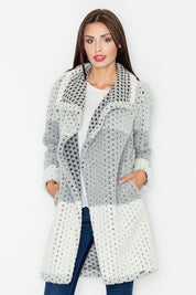 Model wearing Fioren Color-Blend Wool Coat, showcasing thick weave, relaxed silhouette, and classic collar for autumn fashion.