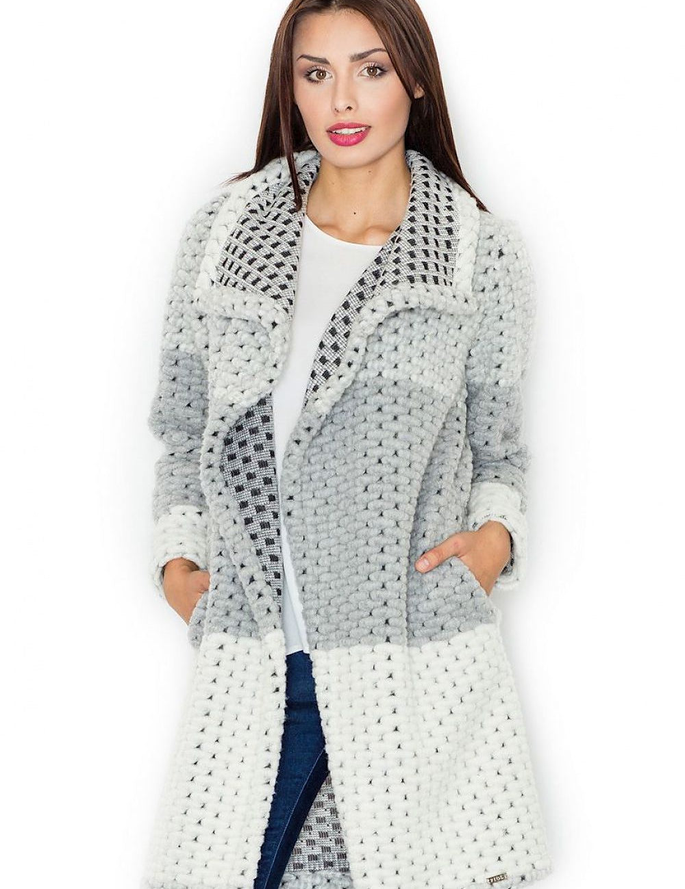 Woman wearing a checkered long wool coat with a classic collar and side pockets, showcasing a modern and stylish autumn fashion look.