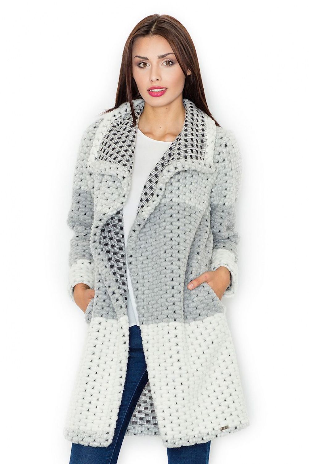 Woman wearing a checkered long wool coat with a classic collar and side pockets, showcasing a modern and stylish autumn fashion look.