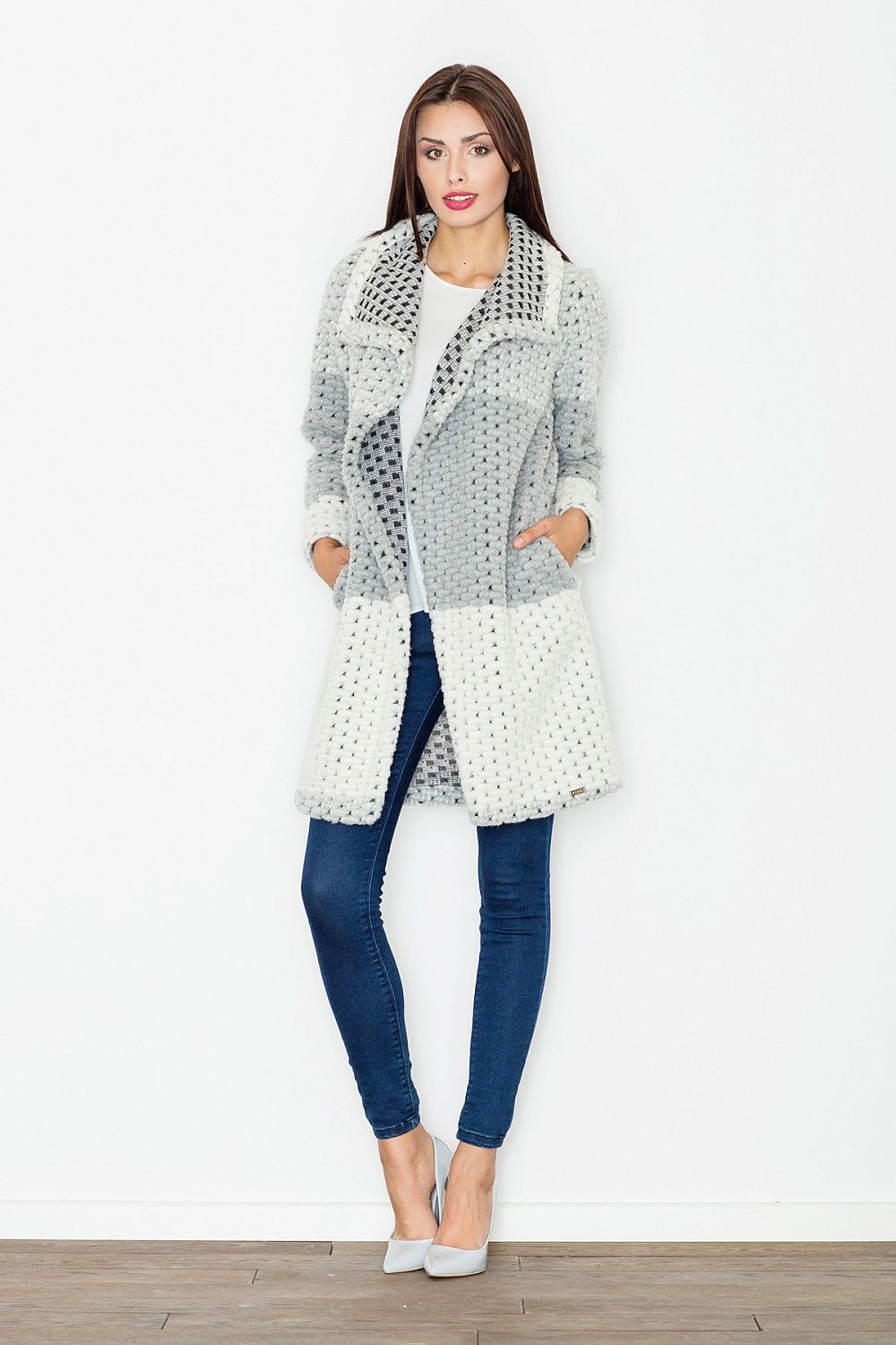 Woman wearing Fioren Color-Blend Wool Coat with thick weave, draped front, and side pockets, styled casually with jeans and heels.